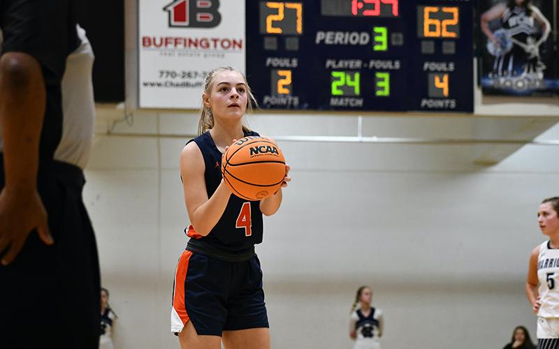 Habersham Central’s Sophie Bramlett lines up a free throw earlier this season. The senior Lady Raider forward has helped lead a young squad into playoff contention. LANG STOREY/Staff