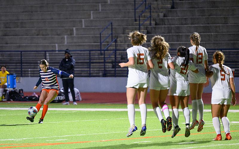 Habersham Central’s Paisley Cathey curved the ball around the Lanier wall after a penalty was called Friday night. ZACH TAYLOR/Special