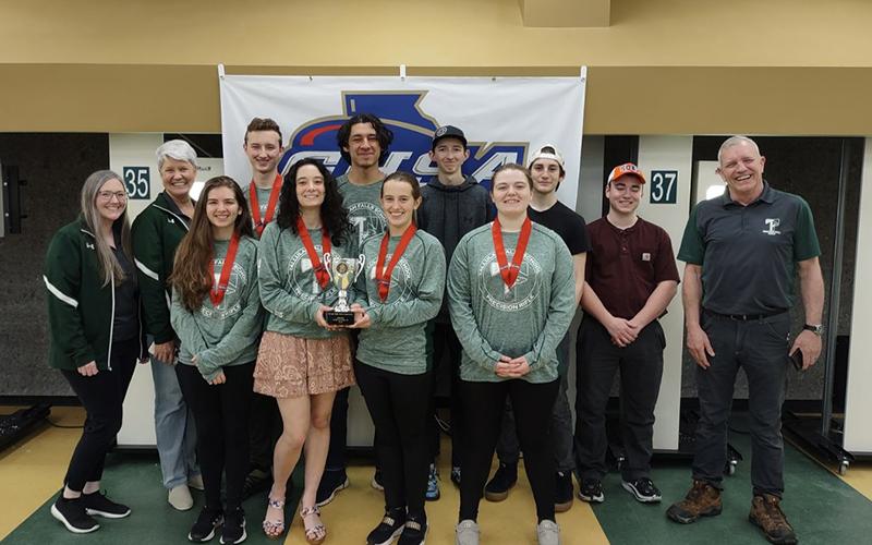 Members of Tallulah Falls’ state runner-up rifle team are (front row, from left) Chloe Erwin, Brianna Walter, Kylee Loudermilk and Leah Rogers. Back row are (from left) Coach Katie Keister, Assistant Coach Kerry Stamey, Joseph McGahee, Marc Crotta, Mitchell McGahee, Zeek Pruitt, Ethan Simmons and Coach Tim Stamey. BRIAN CARTER/Submitted