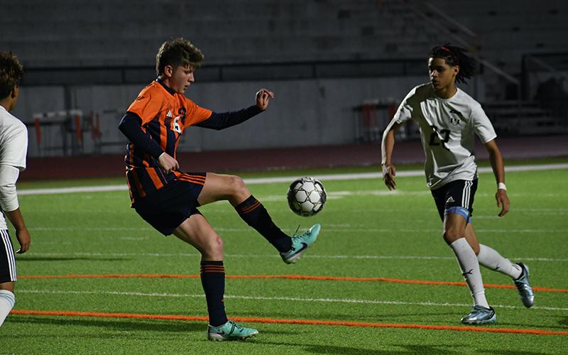 Habersham Central’s Camden Meads gaines control of the ball during the match against Shiloh on Tuesday night. LANG STOREY/Staff