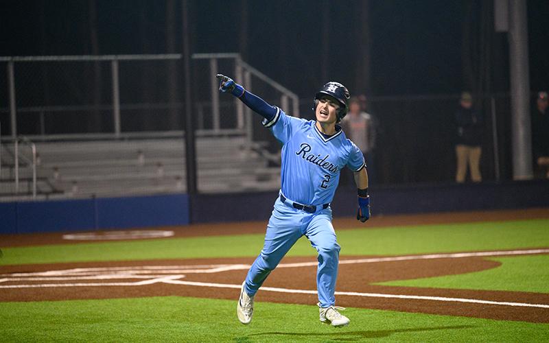 Raiders catcher Spencer Frady gets hyped up after rattling the Hebron Christian pitcher into a walk. Frady had his work cut out for him Tuesday with blocking wild pitches and throwing out a stealing runner. ZACH TAYLOR/Special