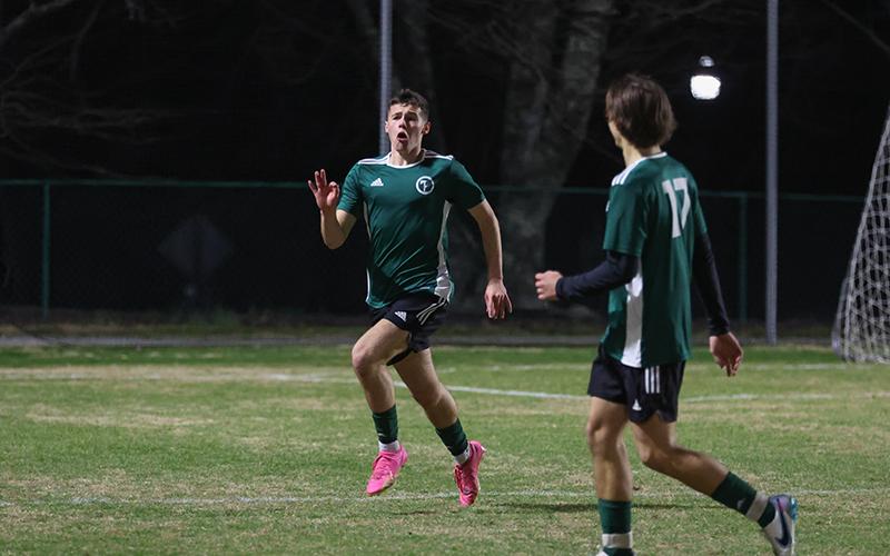 Tallulah Falls’ Jackson Cording celebrates one of his three goals against Athens Christian. AUSTIN POFFENBERGER/Special