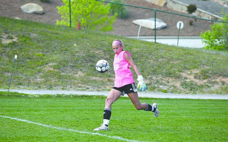 Tallulah Falls’’ LB Kafsky sends a ball deep following one of her 13 saves Wednesday. LANG STOREY/Staff