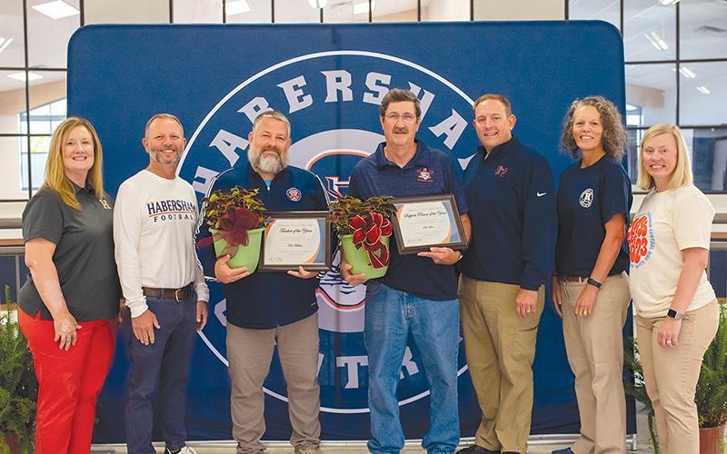 Dr. Jonathan Stribling (third from right), shown at the Teacher of the Year banquet, will be leaving Habersham County after graduation.  CTAE Director Alice Brewer and Assistant Principal Donnie Bennett (left two) are retiring, leaving some shoes to fill at the high school for 2024-25.