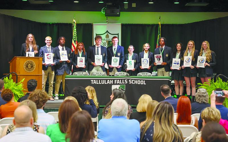 Tallulah Falls athletes gathered for s joint signing ceremony Thursday, inckuding (from left) Adrijana Albijanic, Austin Ball, Makhi Edgecombe, Ariel Kelsick Sam Ketch, Henry Rickman, Iva Ristic, Julianne Shirley, Caden Walker, Brianna Walter, Ashlyn Yaskiewicz and Skylyn Yaskiewicz. WADE CHEEK/CNI News Service