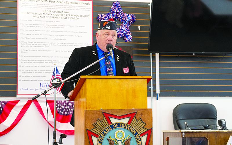 VFW Commander Bill Miles speaks about the importance of Memorial Day, remembering those who sacrificed all. Miles said in prayer, “May the remembrance of the price we paid for our life as a nation impel us to seek justice, to foster freedom, and to pursue the ways of peace. May our nation be a source of blessing to all people, and the rest of humankind. Amen.” ZACH TAYLOR/Special