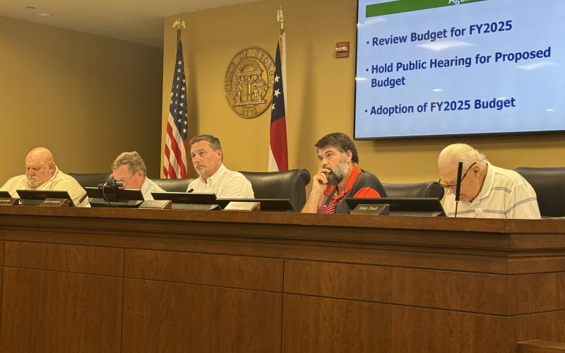 abersham County Commissioners (from left) Bruce Palmer, Bruce Harkness, Ty Akins, Dustin Mealor and Jimmy Tench try to find common ground Monday night. FILE