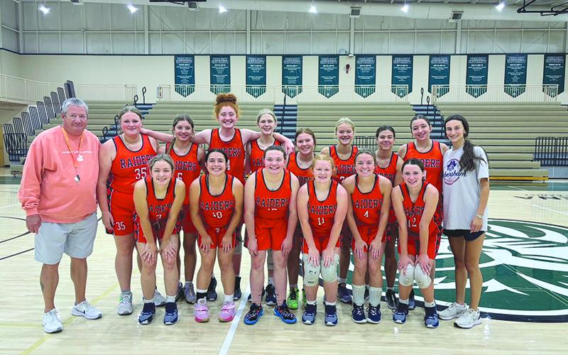 Lady Raiders participating in camp included (front row, from left) Dacie Nash, Oaklee Jackson, Ryleigh Wilbanks, Karah Dean, Jaden Bailes and Makenzie Gosnell. Back row are (from left) Coach Bill Bradley, Harley Burnett, Sadie Chambers, Daytona Underwood, Tessa Murdock, Braya Holden, Macy Huff, Katie Roberts, Kenzie Brady and Addie Penick. KIM BRADLEY/Submitted