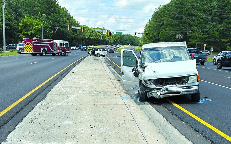 A church van rests in the northbound turn lane from Highway 365 to Demorest-Mt. Airy Highway following Saturday afternoon’s wreck. HABERSHAM COUNTY/ Submitted