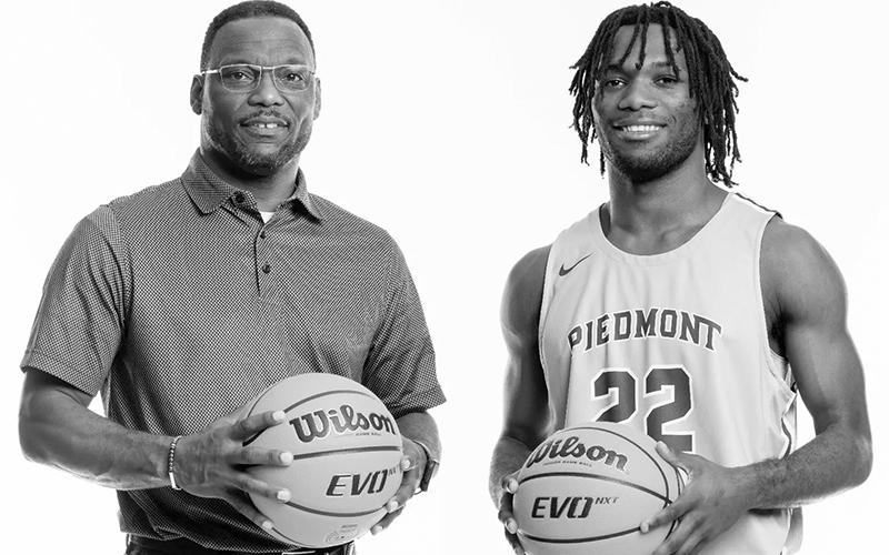 Piedmont hoopster Silas Mulligan (right) is shown with his father, Dr. Octavius Mulligan in a promotional photo for the Lions. Dr. Mulligan is a Dean of the College of Education at Piedmont and was a longtime school adminstrator for various Habersham County Schools. KARL L. MOORE/Courtesy of Piedmont University