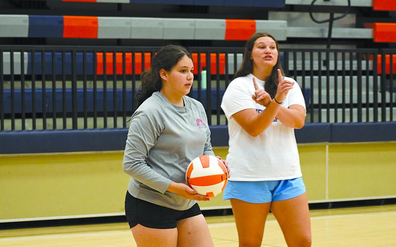 Darla Torres gets ready to serve as HCHS’ Callyn Chosewood shouts instructions. LANG STOREY/Staff