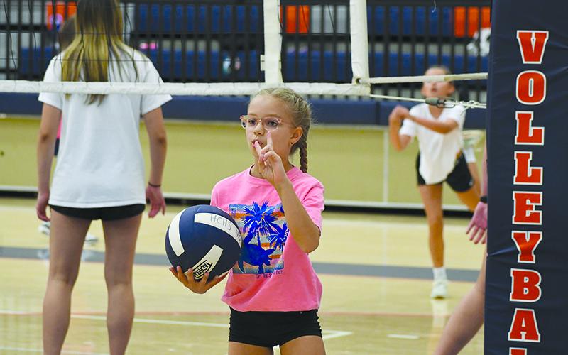 Isabella Hunter was all business during Future Raider Volleyball Camp this week. LANG STOREY/Staff