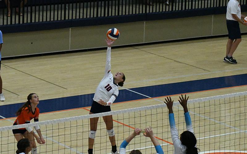 Ava Saxon (No. 10) has been vital to Habersham volleyball’s recent winning streak. LANG STOREY/Staff