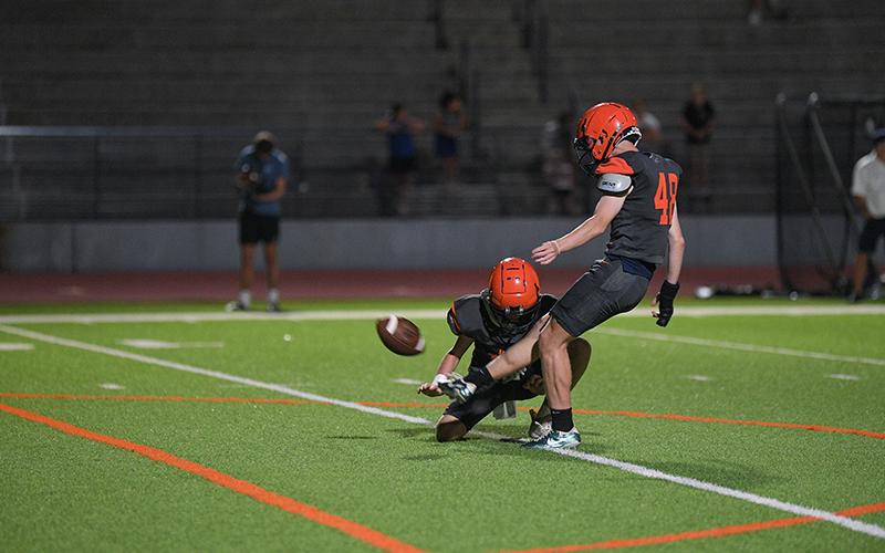 Meads got some live kicking experience during the Raiders’ scrimmage against Oconee County on Aug. 2. TOM ASKEW/Special