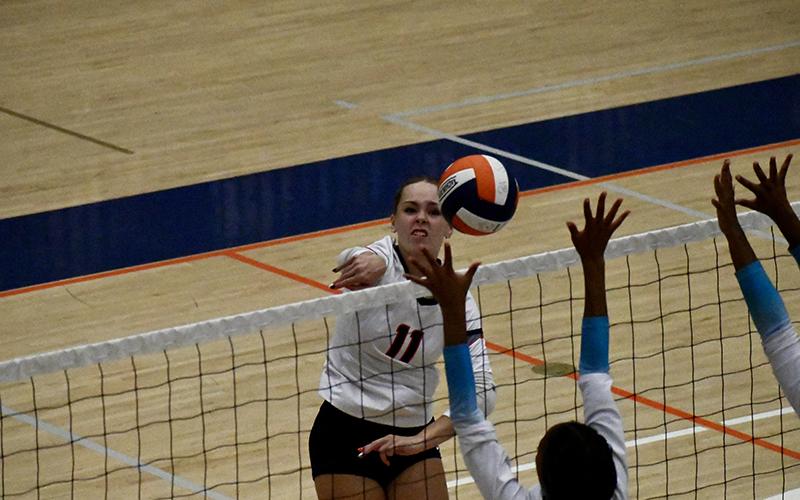 Habersham’s Jayden Jarrett makes a play at the net during a match last week. LANG STOREY/Staff