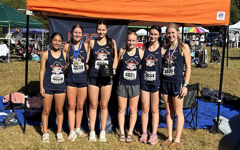 Dulce Rojas, Audrey Hotard, Leah Culpepper, Lillie Freeman, Hilda Manglitz and Tessa Murdock carried the HCHS girls to a 1st place team finish at the Rangers XC Invitational last Saturday. SUBMITTED