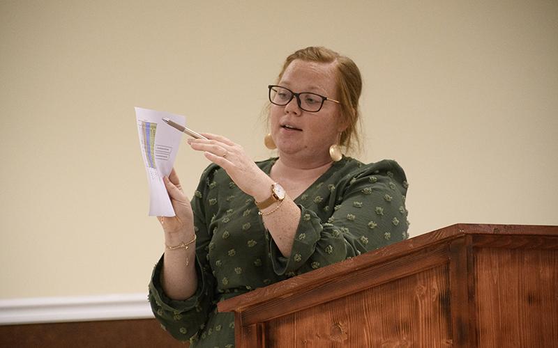 Baldwin Chief Administrative Officer Emily Woodmaster presents millage rate options to Baldwin City Council on Sept. 3. JULIANNE AKERS/Staff