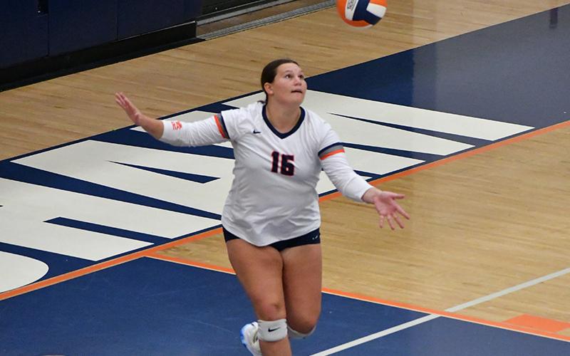 Habersham’s Callyn Chosewood serves during her team’s match Tuesday. LANG STOREY/Staff