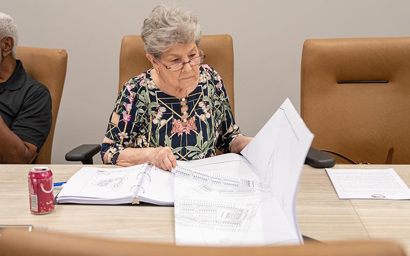 Commissioner Janice Griggs examines the plot map during the work session on Tuesday. ZACH TAYLOR/Staff