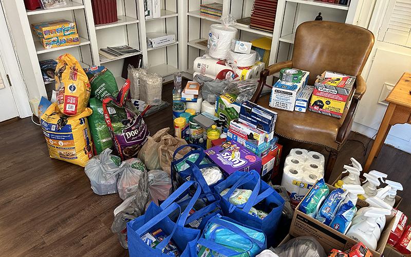 Piles of dog food, trash bags, paper towels and diapers were donated to Grace-Calvary Episcopal Church. Grace Calvary was one of many churches in the area that collected donations to ship to North Carolina for Hurricane Helene relief efforts. SUBMITTED