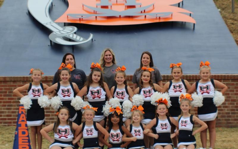 Habersham’s 8U cheer squad: Back Row (left to right): Coach Chelsea Bartholomew, Coach Kelly Jarrell, Coach Breanna Ellis Middle Row (left to right): Scarlett Thomas, Elliana Pfost, Scarlett Bartholomew, Hattie Jo Watts-Savage, Maci Ellis, Lydia Akers, Jordan Jarrell Front Row (left to right): Beckett Shirley, Ruby Hubley, Kendra Guzman, Zora Ramey, Maria Ganulin, Brenna Coffee