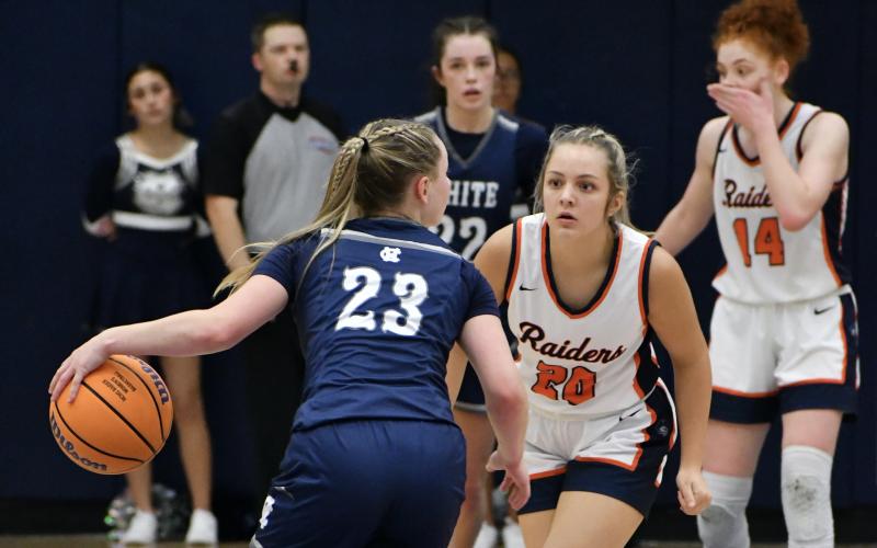 Habersham’s Dacie Nash locks down on defense during the first half of the Lady Raiders’ game against White County. LANG STOREY/Staff