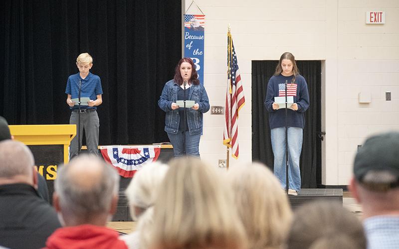 NHMS drama students perform “A Letter to a Soldier” to honor veterans. Pictured from left are Ethan Gailey, Eula-Mae Chambers and Sabrina Blackburn. JULIANNE AKERS/Staff