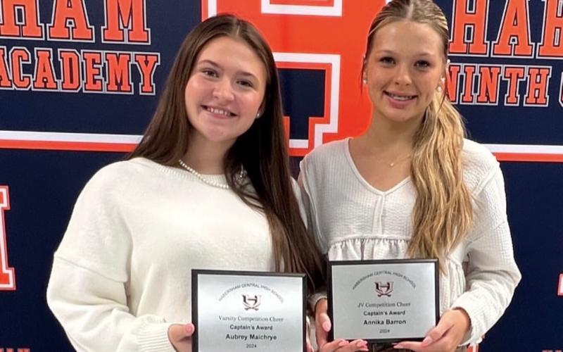 Aubrey Maichryc (left) and Annika Barron received Captains Awards at the Hab Central competition cheer banquet. SUBMITTED