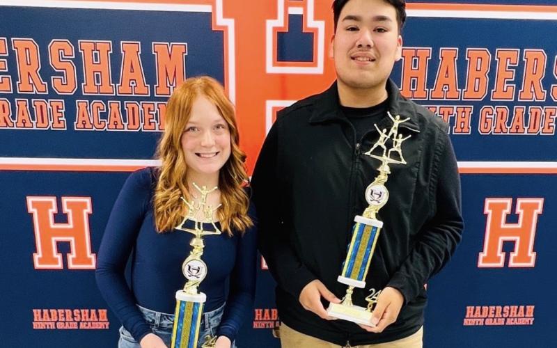 Bella McGugan (left) and Kevin Olandez received the Raider Pride Award at the Hab Central competition cheer banquet. SUBMITTED