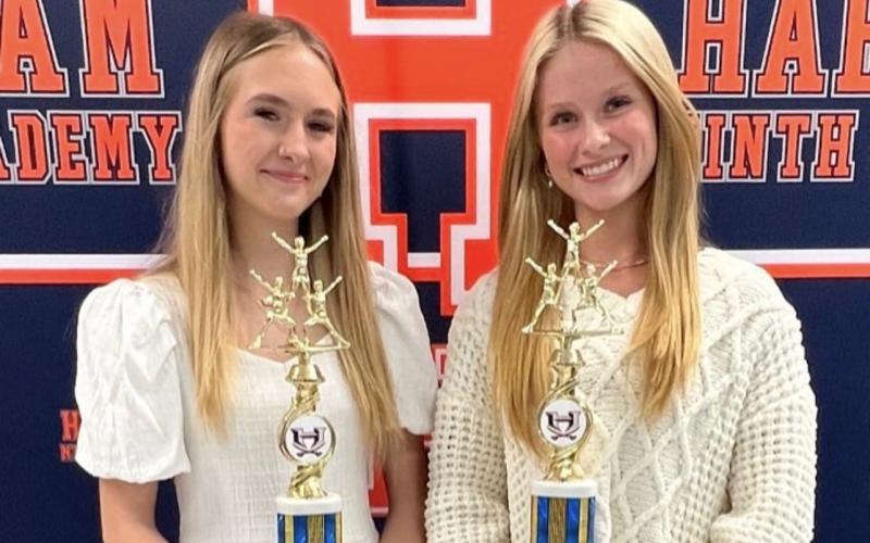 Mandi Simpson (left) and Jillian Tedder were named Cheerleaders of the Year at the Hab Central competition cheer banquet this week. SUBMITTED