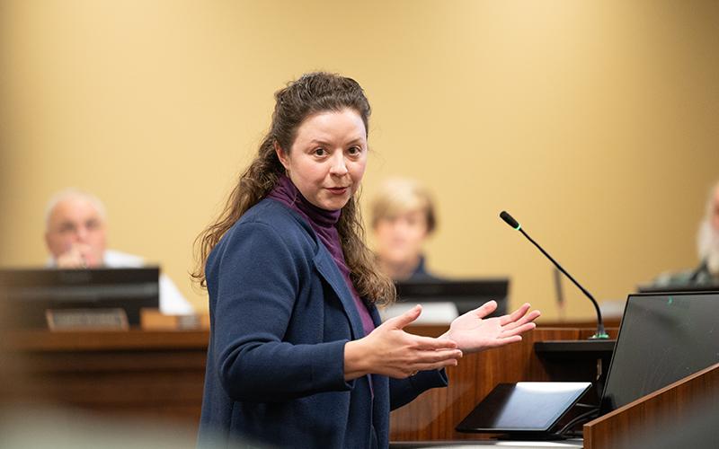 Melissa Harward, a dog owner and client of Marjorie Stephens’ business, South Paws Sports Center, vies for a dog training facility in Habersham. Harward spoke on the professionalism and the education Stephens provides to her clients. ZACH TAYLOR/Staff