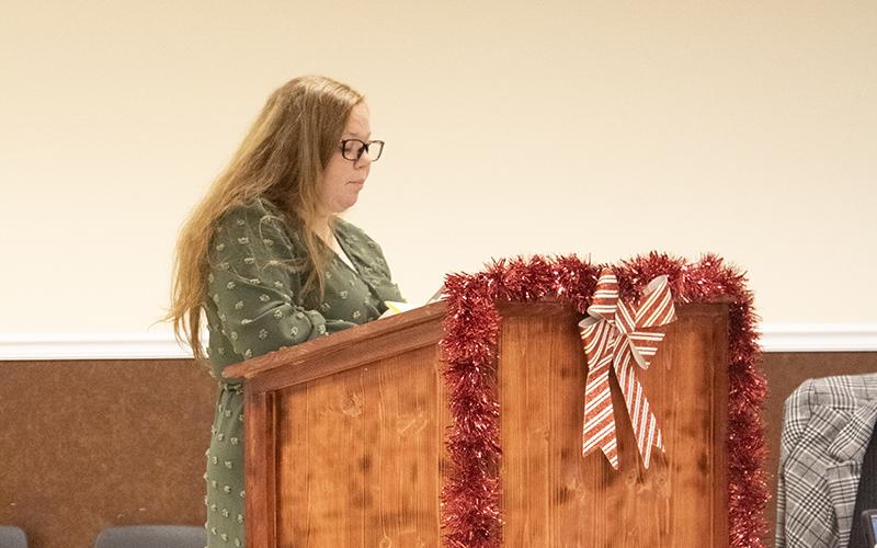 Chief Administrative Officer Emily Woodmaster presents multiple agenda items to the council, including the fire feasibility study and ARPA fund allocations for review. HANNAH CAUDELL/Staff