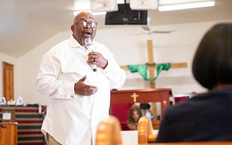 The Rev. Billy Jenkins Jr. preaches to his congregation at Greater Mount Pleasant Baptist Church in Clarkesville. Jenkins has lived a life of service, even taking over the congregation after his father. ZACH TAYLOR/Staff