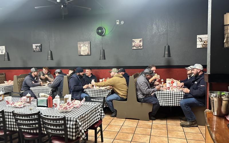 Electrical personnel and public works officials were among those served at Wolf Creek BBQ during the weekend, along with police officers and other first responder groups. Owner Mike Roberson estimates that 350 plates were served to those who attended the meal. SUBMITTED