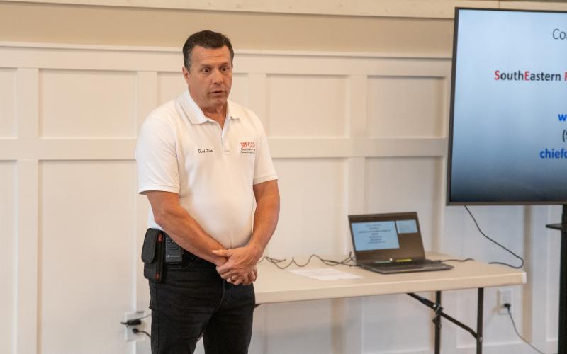 Thad Dixon of SEFCCO presents the details of the county’s approved fire consolidation study and the scope of work that will be conducted. ZACH TAYLOR/Staff