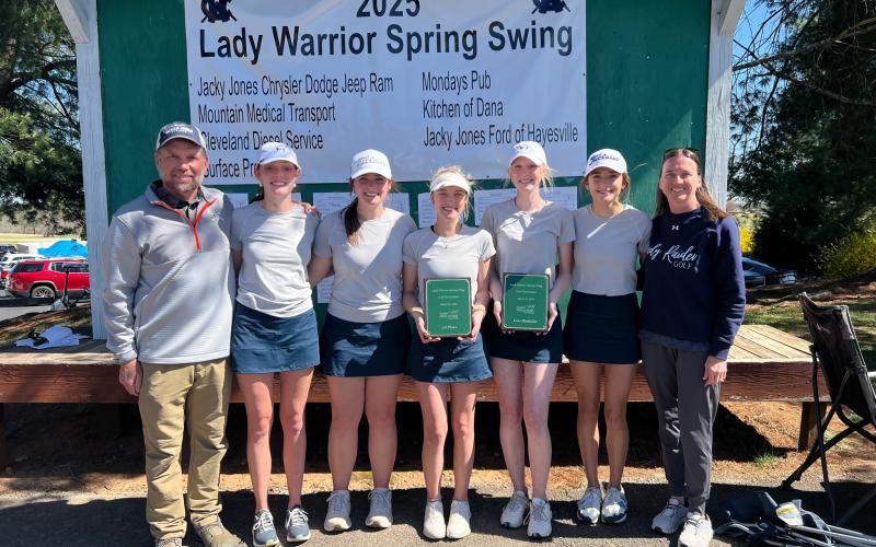 The Lady Raiders golf team fired a 247 to win the Lady Warrior Spring Swing at Apple Mountain Golf Course last Saturday. Pictured are Coach Shawn Blackburn, Charlotte Smith, Macey Harrison, Maddie LaPrade, Addie Maney, Kadyn Green and Assistant Coach Joni Blackburn. SUBMITTED