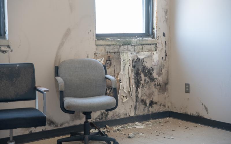 Mold and water damage tears through paint on the third floor. ZACH TAYLOR/Staff