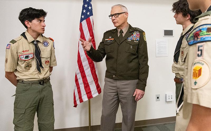 Lt. General James L. Terry speaks with David Quintal and other scouts from Troop 5 after his keynote address. ZACH TAYLOR/Staff