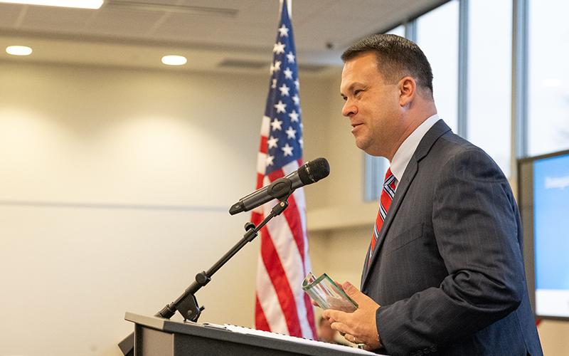 Brian Akin speaks after receiving his Distinguished Citizen Award. ZACH TAYLOR/Staff