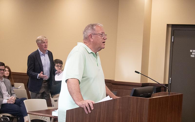 Roger Greene is the sole citizen commentator for the public hearing concerning the financing for the animal shelter during Monday night’s county commission meeting. Greene expressed concern about tax allocation toward the project, but commissioners assured him that property taxes would not be used in the financing of the project. SPLOST monies will be allocated toward funding the project instead. HANNAH CAUDELL/Staff