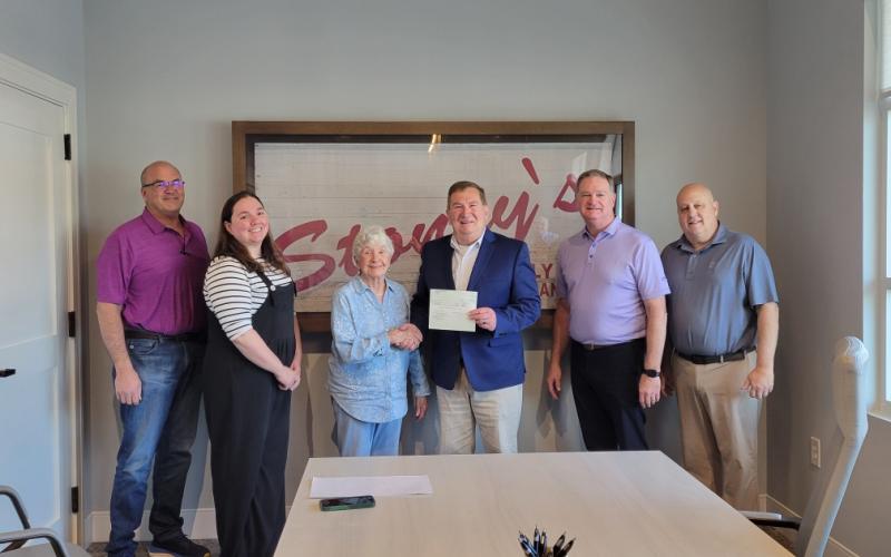 (From left to right) City Manager of Clarkesville Keith Dickerson, Clarkesville City Clerk Julie Poole, Mayor of Clarkesville Barrie Aycock, Commissioner Bruce Harkness, Interim County Manager Tim Sims, and Sidney Roland Senior Vice President at Traditions Bank in Clarkesville.  Habersham County/Submitted