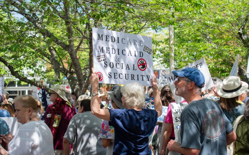 Protestors from all across District 9 gathered in Gainesville Square on Saturday to protest the Trump administration’s slew of executive orders that could target public institutions and services for Americans. Many elderly folks attended the protest, voicing concerns for the future of Medicare, Medicaid, Social Security, and veterans’ benefits. HANNAH CAUDELL/Staff