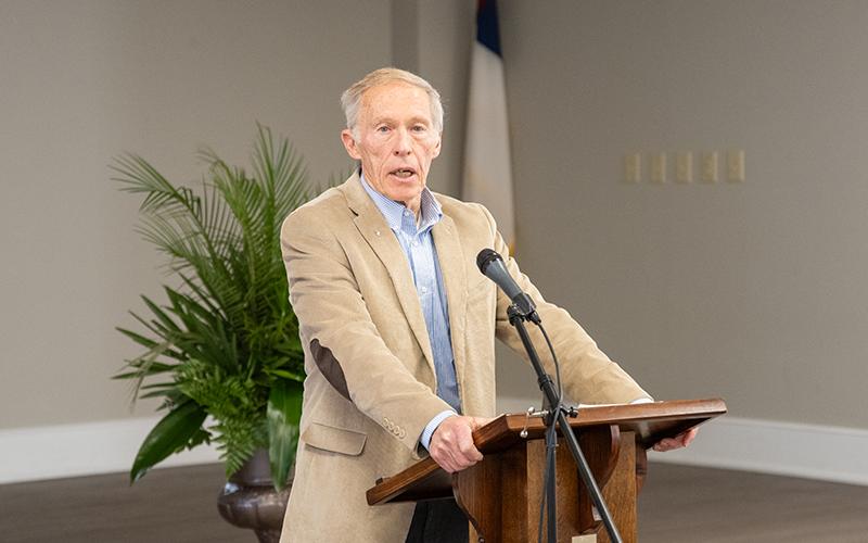Guest speaker Bob Ingram, a 40-year law enforcement officer, Marine, and professor, speaks at the April Northeast Georgia Brotherhood of Veterans and Patriots breakfast on Saturday. ZACH TAYLOR/Staff
