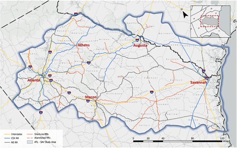 Georgia DOT's website for the project includes a map showing the Project Study Area, includes the cities of Atlanta, Athens, Statesboro, Milledgeville, Macon, Augusta and Savannah. (GDOT/ atlsavpassrail-gdot.hub.arcgis.com)
