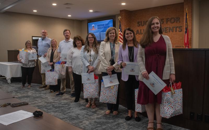 From right to left, these aspiring principals include Jennifer Adams of Fairview Elementary School, Kellie Cash of Demorest Elementary School, Stefanie Eaton of Level Grove Elementary School, Xan Noggle of Baldwin Elementary School, Joy Phillips of Woodville Elementary School, Bradley Johnson of Wilbanks Middle School, Lindsey Shafer of Habersham Central High School, Kevin Weems of Habersham Ninth Grade Academy, and Sandy Todd of Hazel Grove Elementary School. HANNAH CAUDELL/Staff