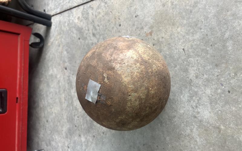 A piece of tape covers the hole where vintage black powder was spilling from the Civil War-era exploding-type cannonball. Habersham County Sheriff’s Office
