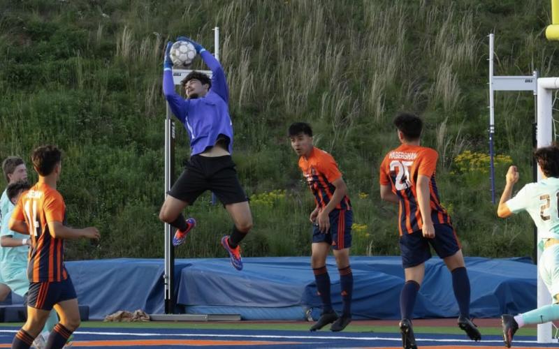 HCHS goalkeeper Everett Rudeseal gets vertical to make a save in the Sweet 16 this week. Rudeseal posted a clean sheet in the team’s win over Lakeside. HABERSHAM SOCCER