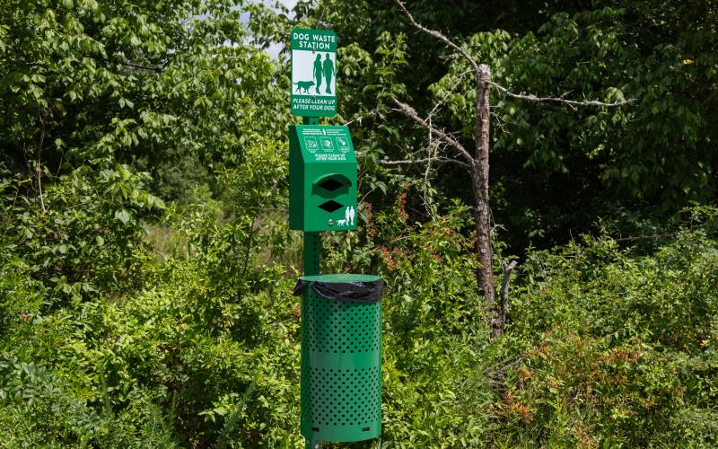 Dog waste bins are scattered around the Soque Greenway Trail, a solution that might prove useful in the downtown Clarkesville area. ZACH TAYLOR/Staff