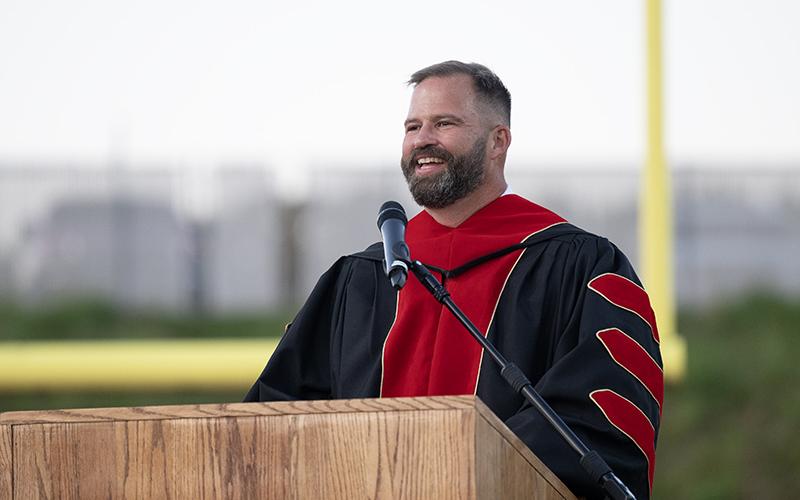Dr. Brian James speaks on success being defined as wisdom at Habersham Central High School’s graduation ceremony. ZACH TAYLOR/Staff