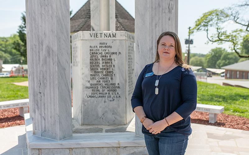 DAV Chapter 15 Commander Amanda Doughty stands next to the KIA/MIA Monument in Clarkesville, a project that she hopes will be one of the larger successes of her tenure serving as DAV Chapter 15 Commander. ZACH TAYLOR/Staff